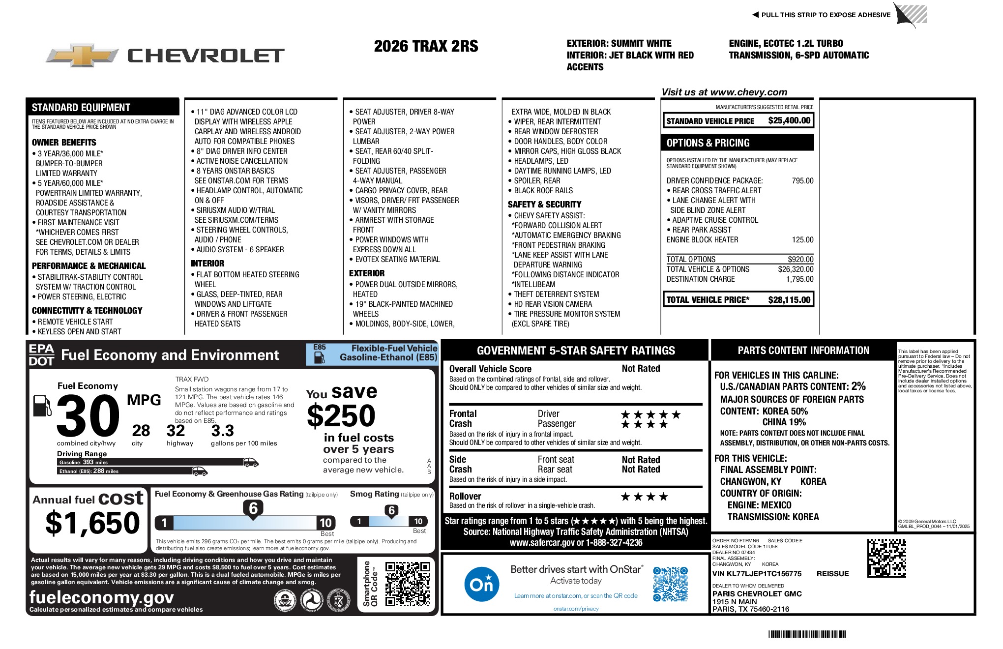 2026 Chevrolet Trax 2RS window sticker