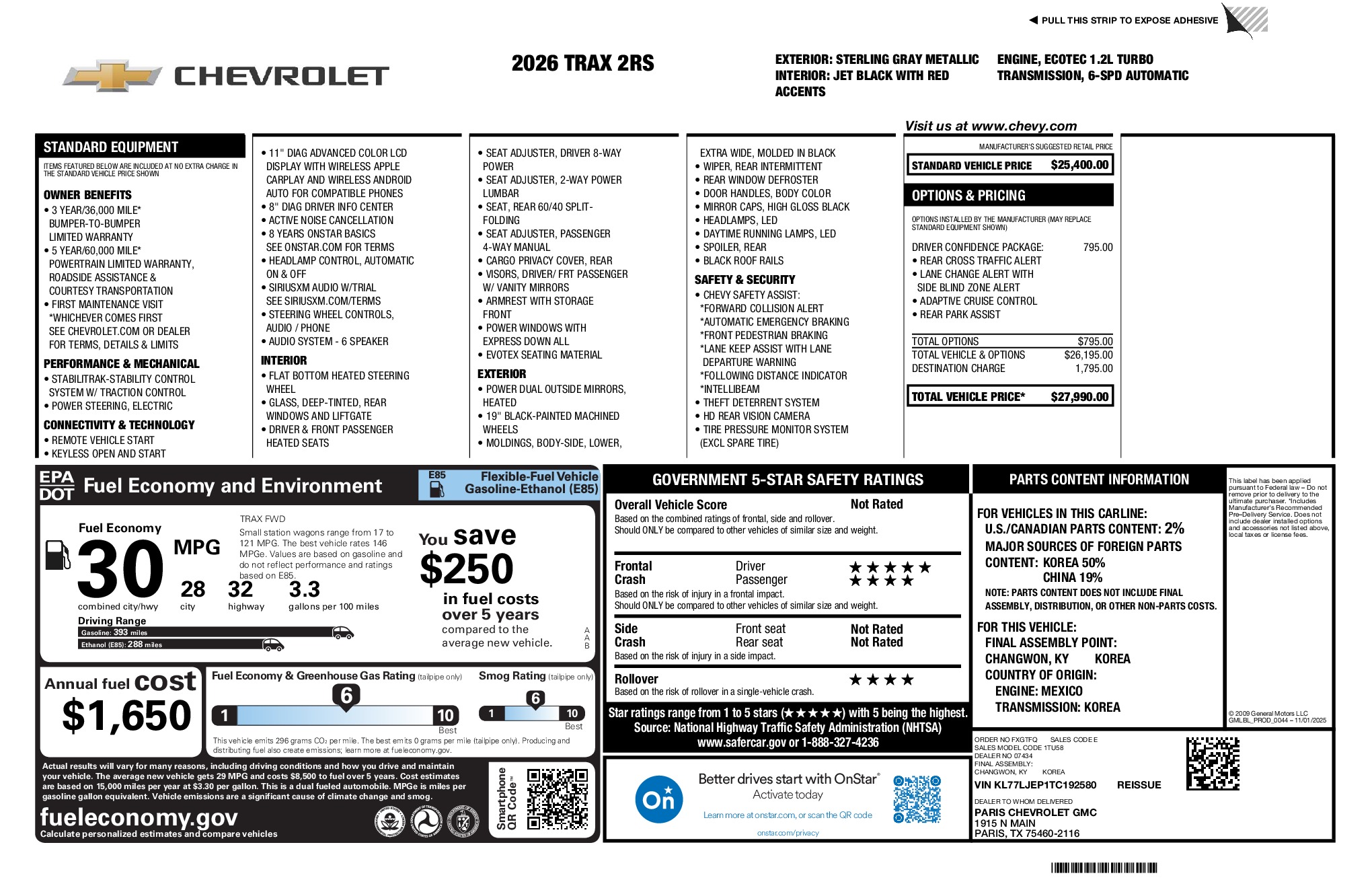 2026 Chevrolet Trax 2RS window sticker