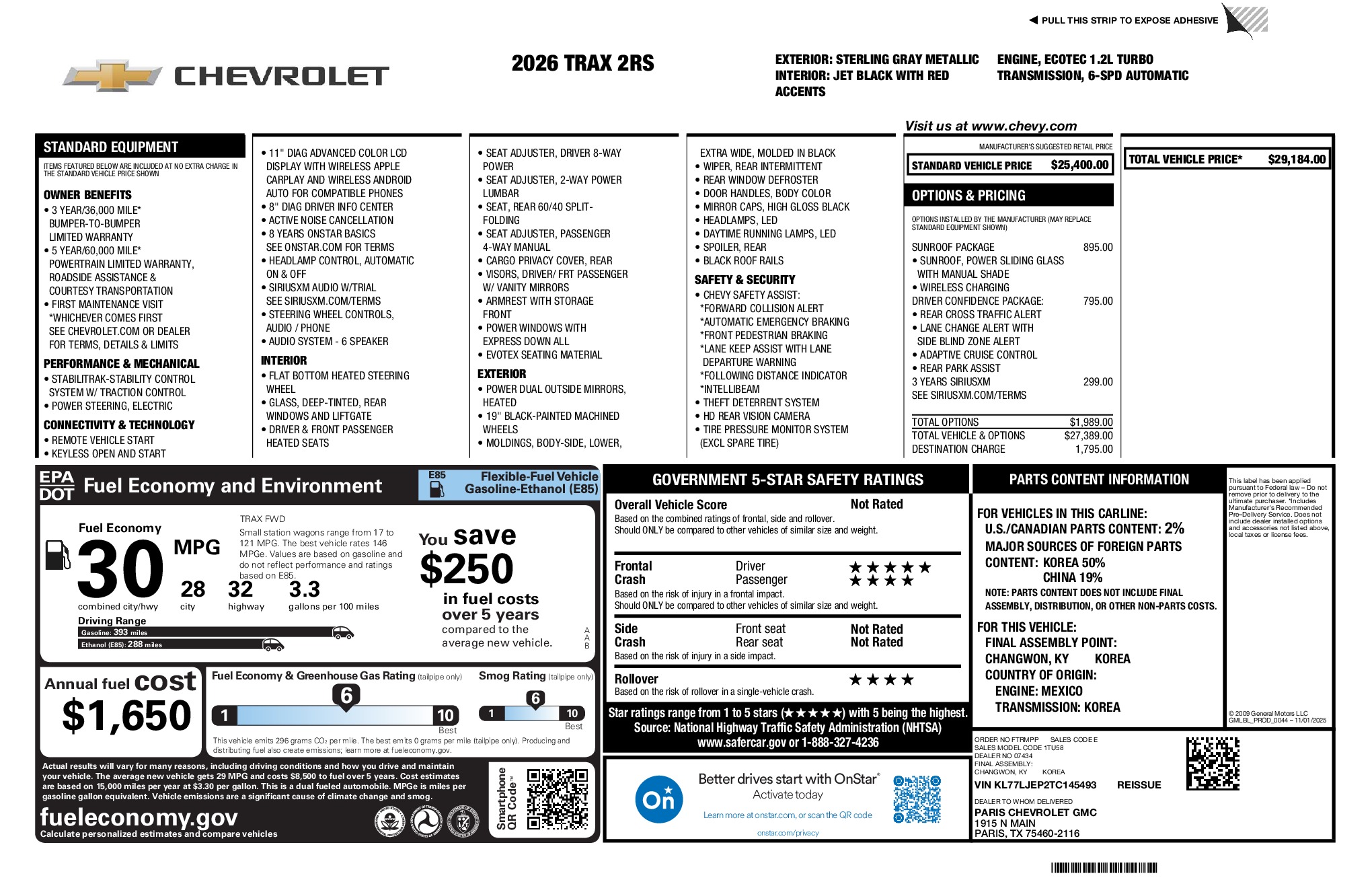 2026 Chevrolet Trax 2RS window sticker
