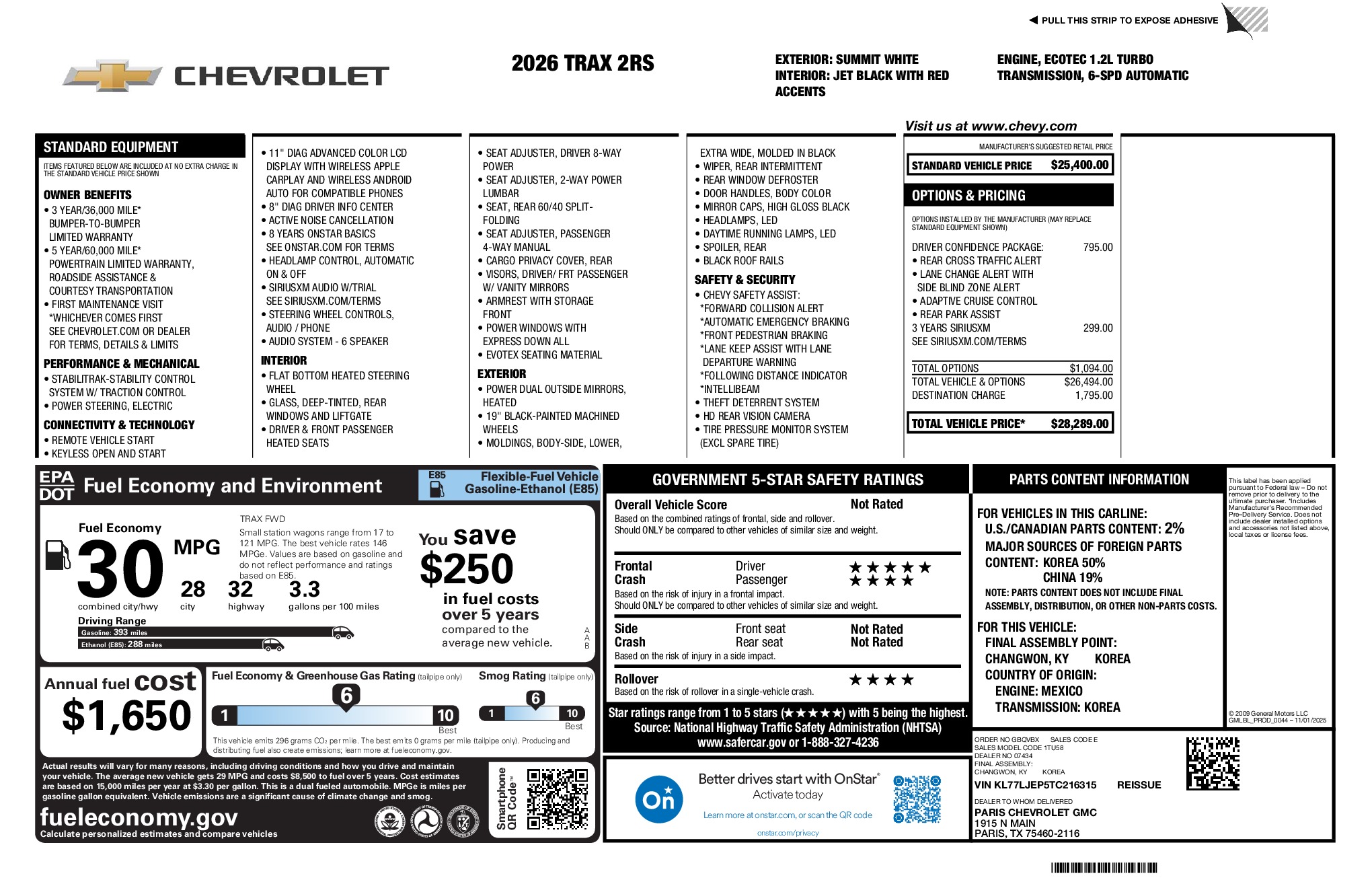 2026 Chevrolet Trax 2RS window sticker