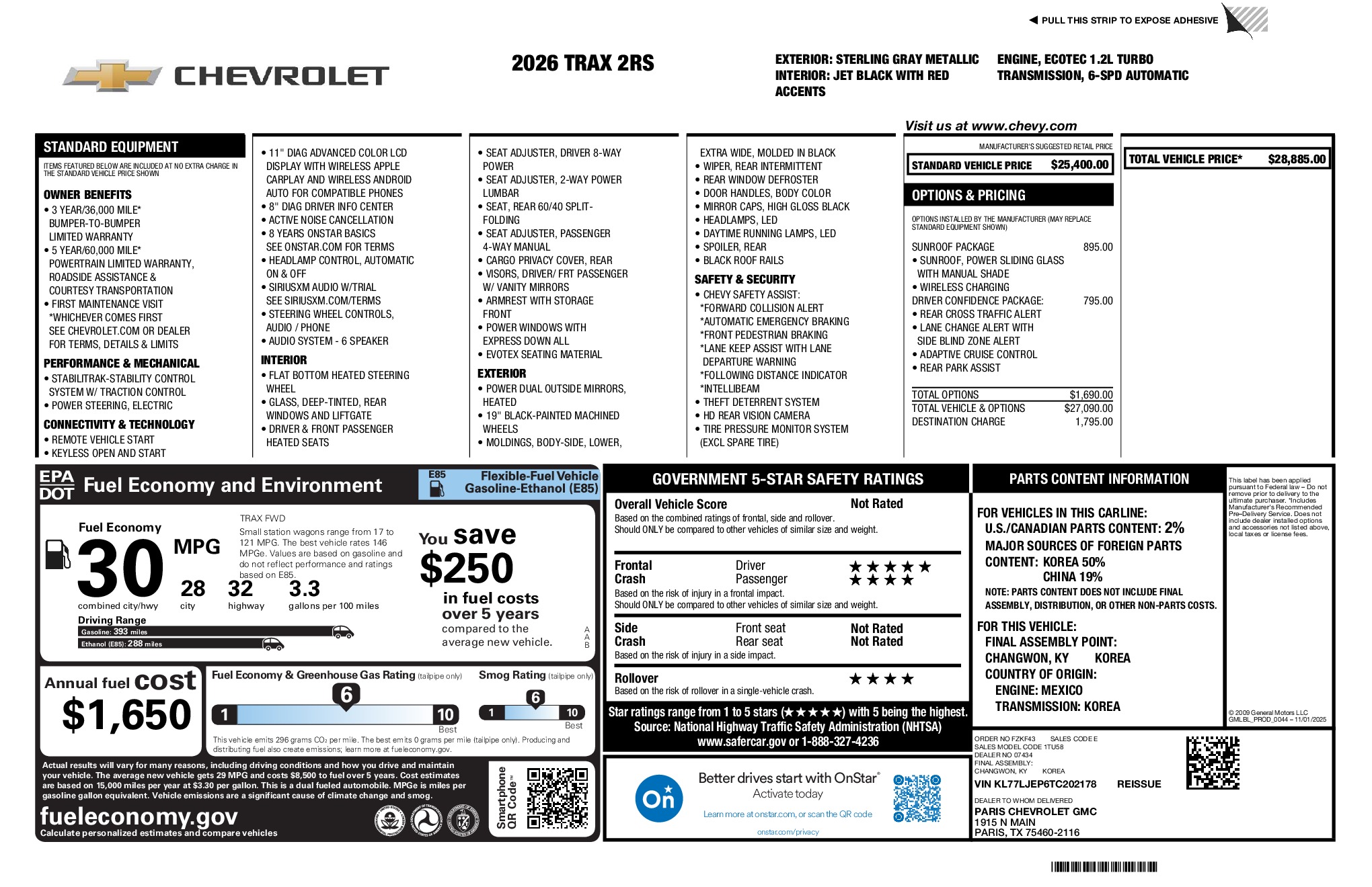 2026 Chevrolet Trax 2RS window sticker