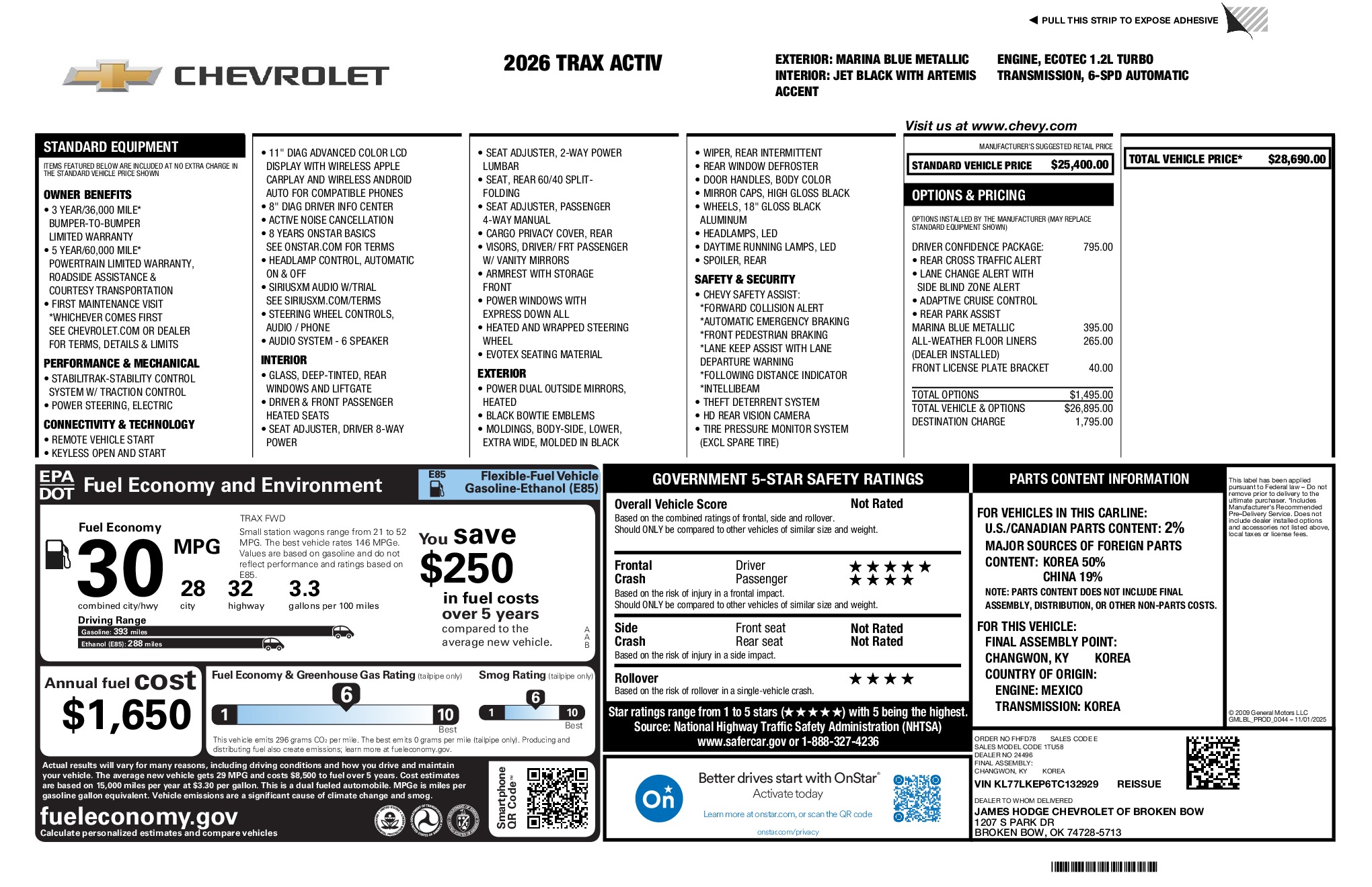 2026 Chevrolet Trax ACTIV window sticker