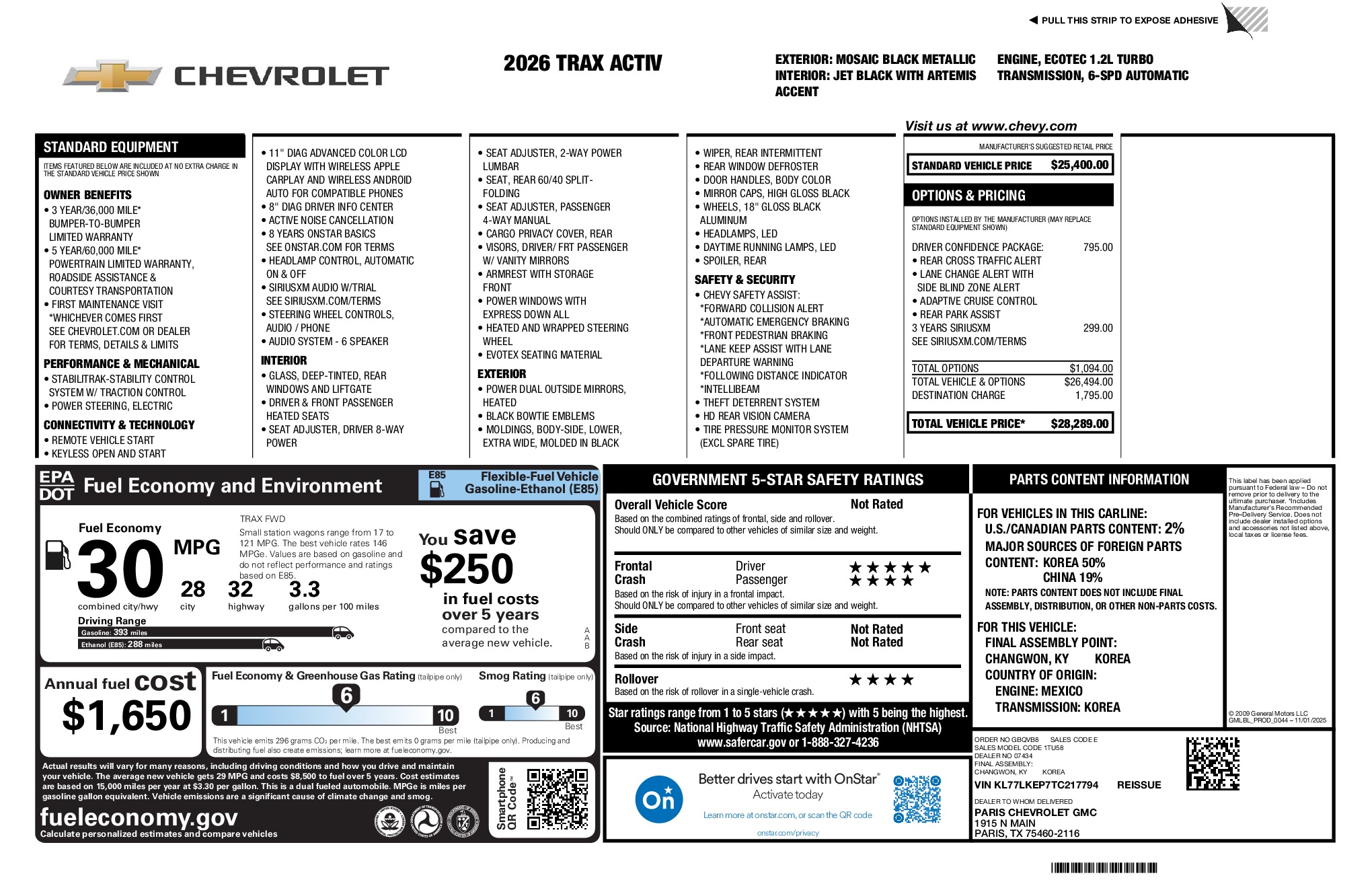 2026 Chevrolet Trax ACTIV window sticker
