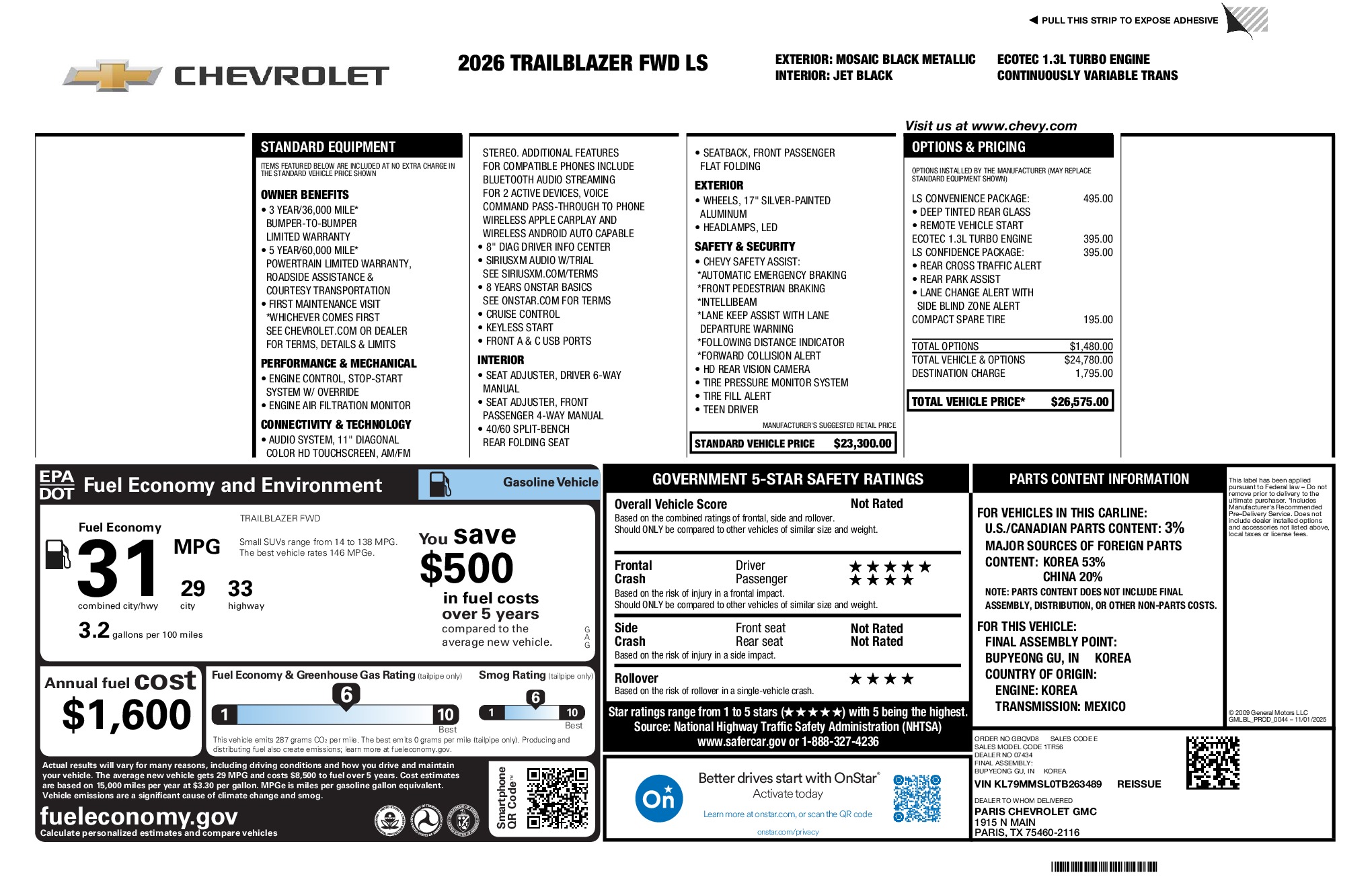 2026 Chevrolet TrailBlazer LS window sticker