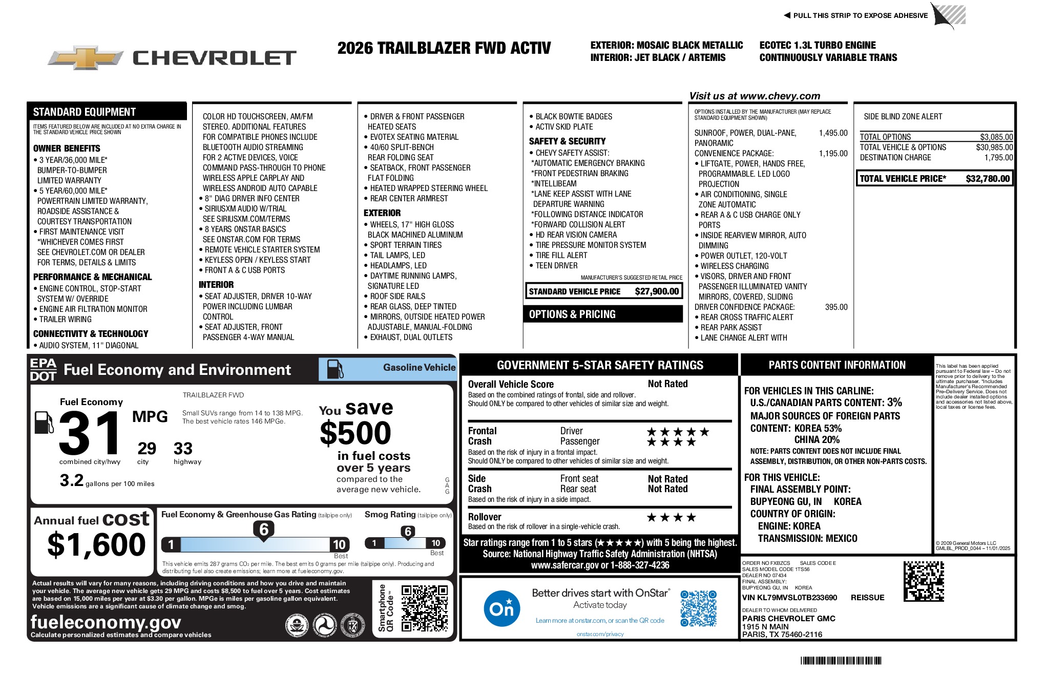 2026 Chevrolet TrailBlazer ACTIV window sticker